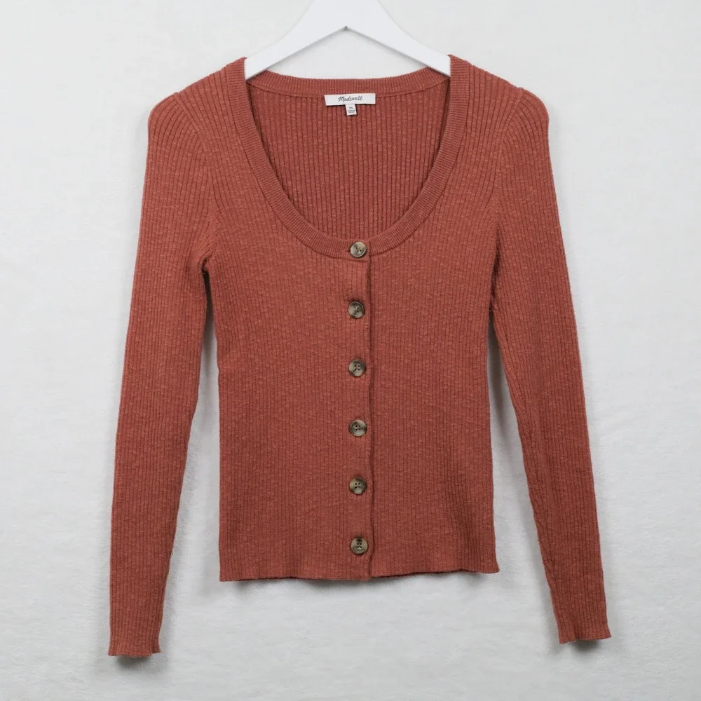 MADEWELL‎ Ribbed Scoop Neck Button Front Cardigan Sweater Academia Brick Red XS